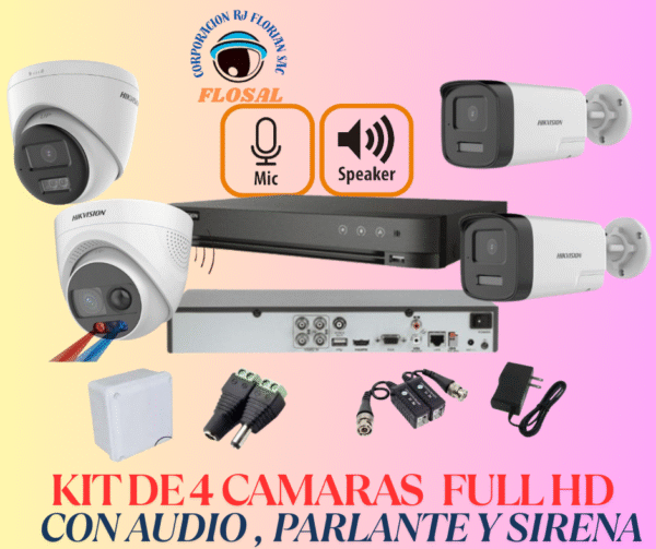 Kit de 4 Cámaras Full hd con Audio /Parlante / SIRENA/ColorVu Hikvision